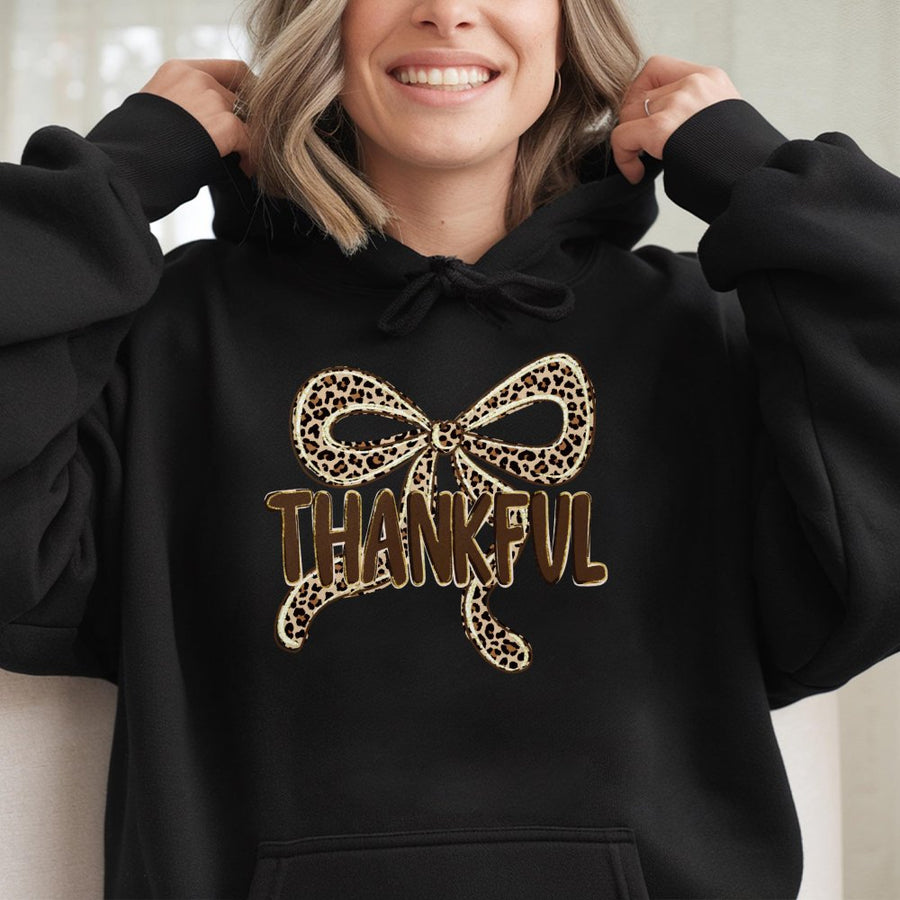 Thankful Leopard Bow Hoodie | Preppy Fall Coquette Aesthetic Graphic | Premium Cotton Blend | Trendy Thanksgiving Gift For Her
