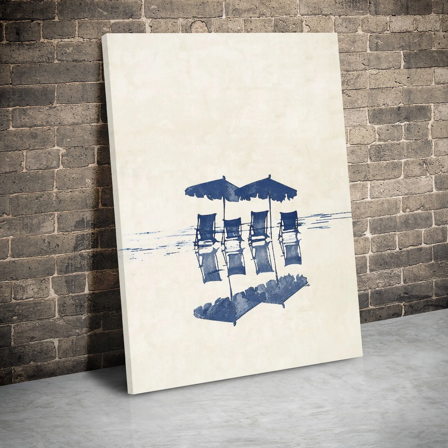 Beach Chairs Canvas Print | Minimalist Blue Ocean Umbrella Wall Art | Gallery Wrapped Premium Decor | Coastal Home Office Gift