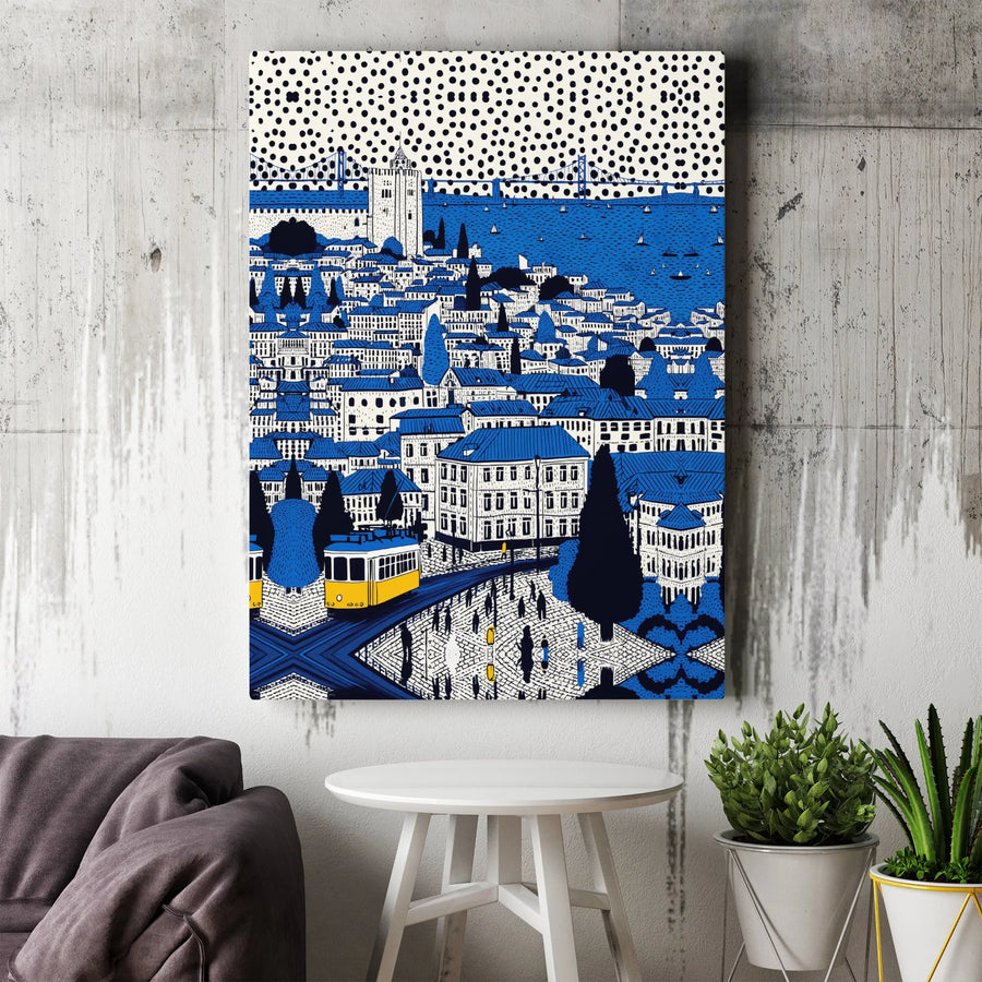 Lisbon Portugal Canvas Wall Art | Modern Graphic Illustration with Yellow Tram | Premium Matte Canvas Print | Travel Lover Gift for Home Decor