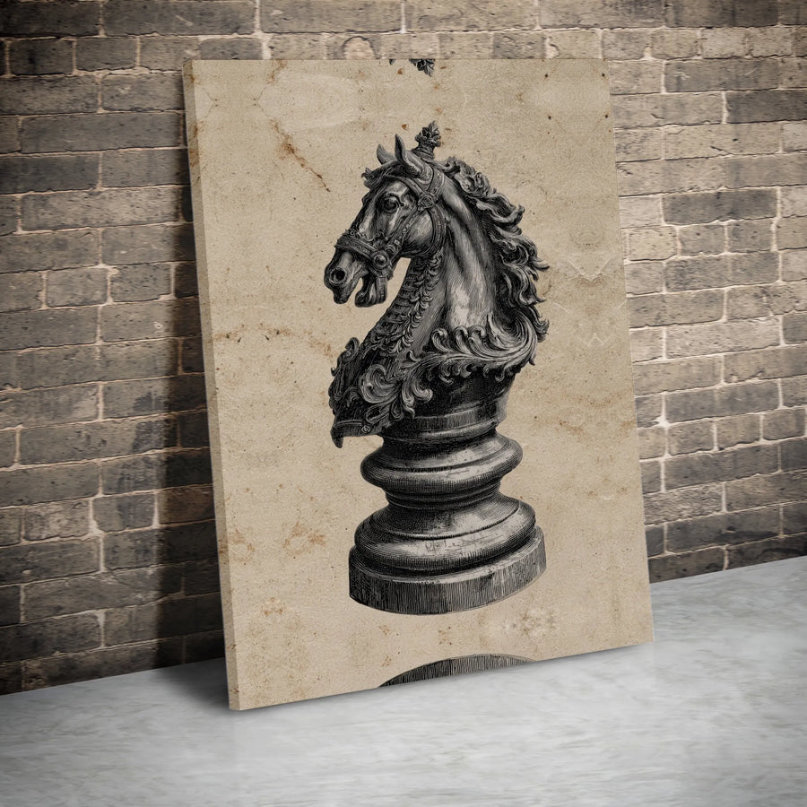 Chess Knight Wall Art | Vintage Engraving Sketch | Premium Gallery Wrapped Canvas | Sophisticated Home Decor Gift for Grandmaster