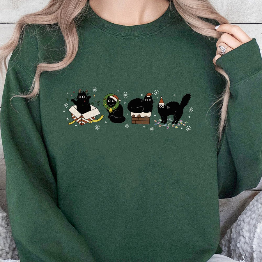 Christmas Black Cat Sweatshirt | Cute Holiday Kitties Graphic | Premium Cotton Blend | Gift for Cat Mom & Animal Lovers