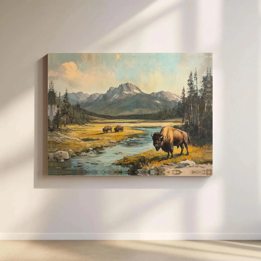 Bison Mountain Landscape Canvas | Vintage Oil Painting Style Print | Thick Gallery Wrapped Canvas | Rustic Lodge & Cabin Decor Gift