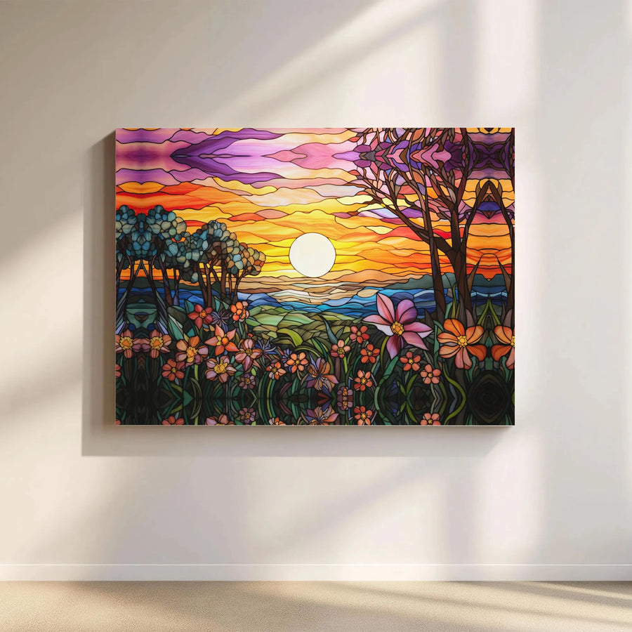 Stained Glass Sunset Landscape Canvas | Vibrant Floral Nature Wall Art | Premium Gallery Wrapped Print | Modern Home Decor Gift
