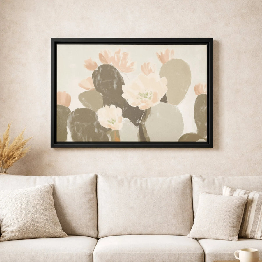 Abstract Prickly Pear Cactus Canvas Wall Art | Peach Flower Desert Botanical Print | Gallery Wrapped Premium Decor | Modern Minimalist Home Gift