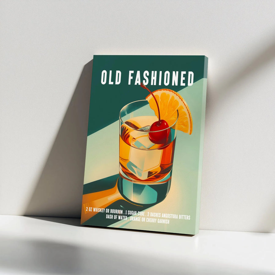 Old Fashioned Cocktail Recipe Canvas | Vintage Bar Cart Wall Art | Premium Gallery Wrap Print | Gift for Whiskey Lovers & Home Bartenders