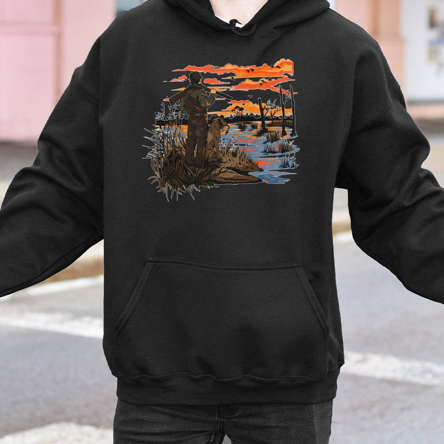 Duck Hunting Hoodie | Hunter and Retriever Sunset Graphic | Premium Cotton Blend | Gift for Outdoorsmen and Waterfowl Hunters