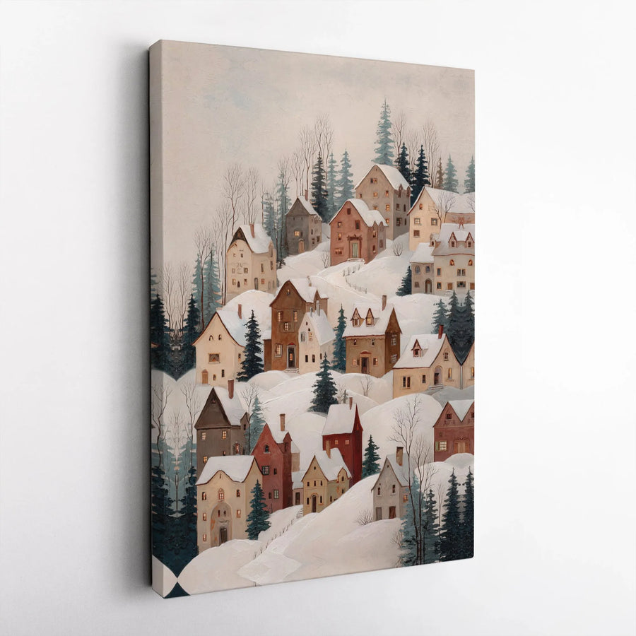 Winter Village Canvas Wall Art | Snowy Mountain Town Landscape | Premium Gallery Wrapped Print | Festive Holiday Home Decor