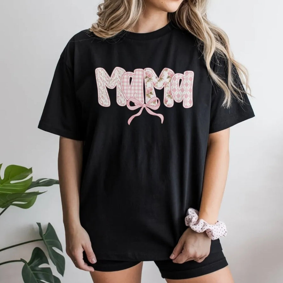 Mama T-Shirt | Pink Floral & Gingham Quilt Style Letters | Cozy Crewneck Pullover | Premium Mother's Day Gift for New Mom