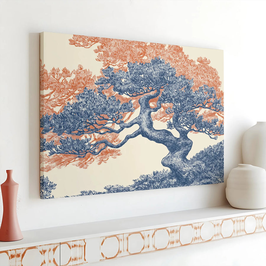 Japanese Pine Tree Canvas Wall Art | Vintage Woodblock Style Botanical Print | Premium Fade-Resistant Gallery Canvas | Zen Japandi Home Decor Gift