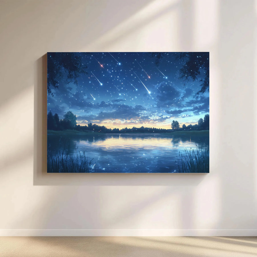 Starry Night Lake Canvas Print | Anime Style Meteor Shower Wall Art | 1.25" Gallery Wrap Premium Canvas | Ready To Hang Gift For Home Decor