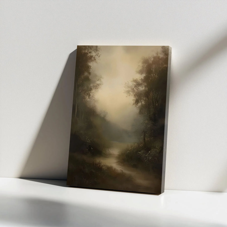 Misty Forest Landscape Canvas Art | Tonalist Woodland Path Wall Decor | Premium Gallery Wrap Print | Serene Nature Artwork for Home Office