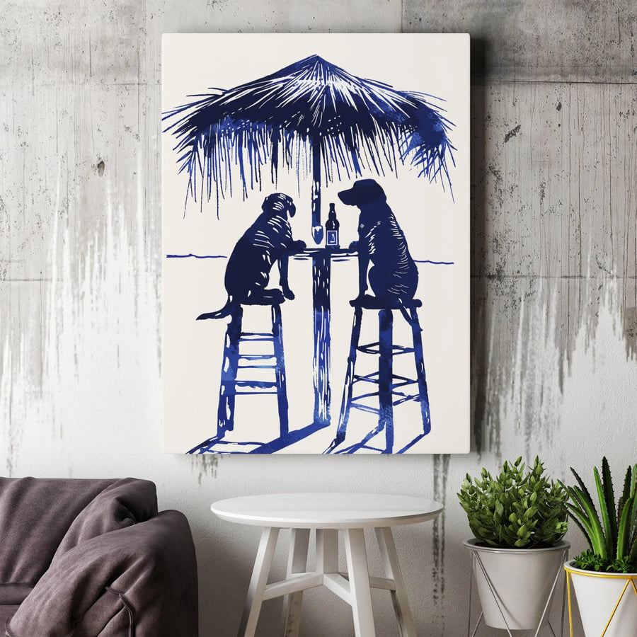Dogs At The Beach Bar Wall Art | Blue And White Tropical Illustration | Premium 1.25" Gallery Canvas | Coastal Decor For Dog Lovers