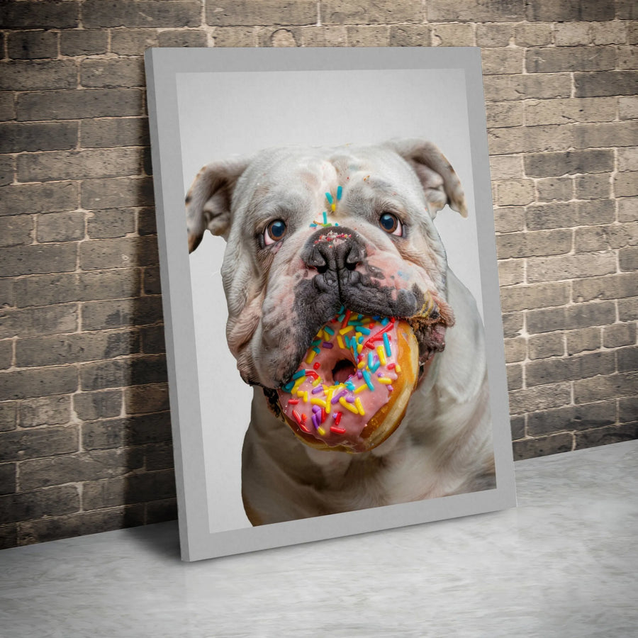 Funny Bulldog Canvas Wall Art | English Bulldog Eating Sprinkle Donut Portrait | Premium Gallery Print | Gift for Dog Lover, Humorous Kitchen Decor