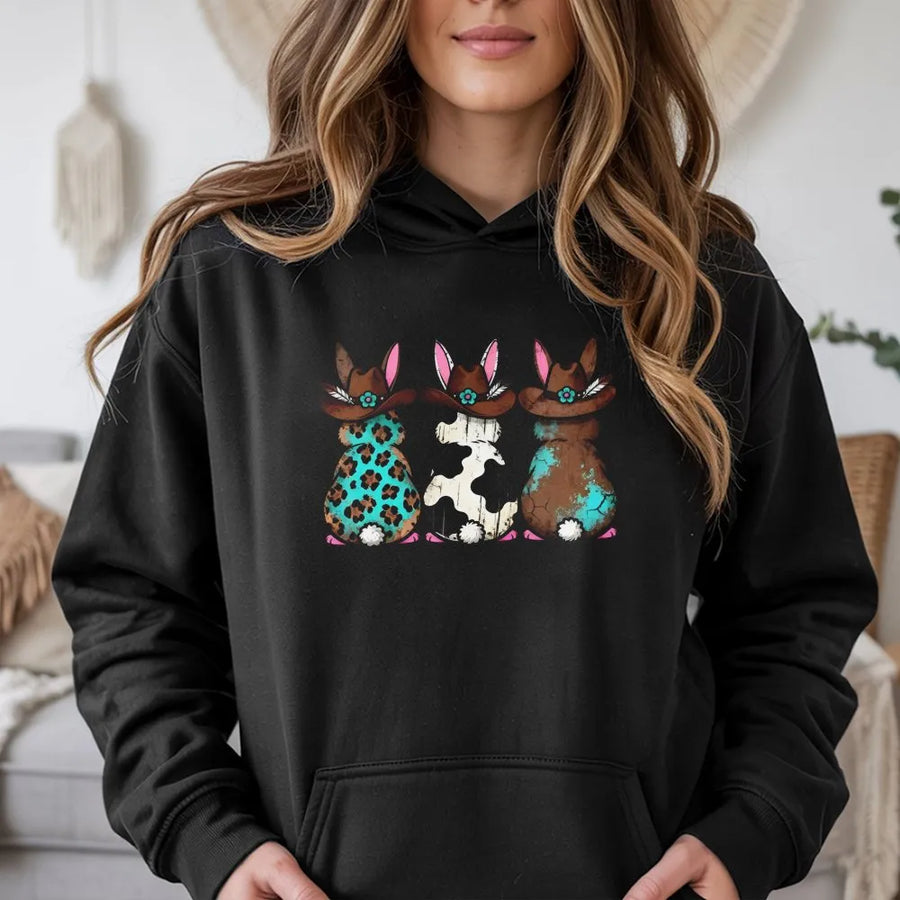 Western Easter Bunny Hoodie | Cowboy Hat Boho Rabbit Graphic | Soft Cotton-Blend Premium Pullover | Fun Spring Holiday Gift For Her
