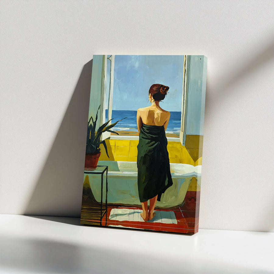 Woman Looking At Ocean Canvas Print | Impressionist Bathroom Window Wall Art | Premium Gallery Wrap Decor | Gift For Her Coastal Home