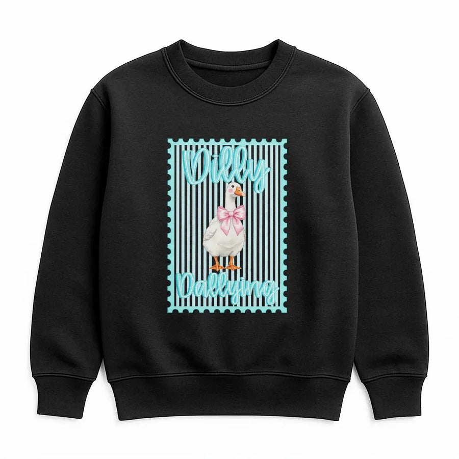 Coquette Goose Sweatshirt | Dilly Dallying Pink Bow Stamp Design | Soft Cotton Blend | Preppy Aesthetic Gift for Her