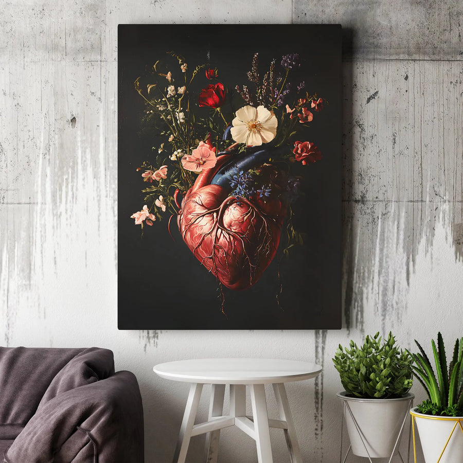 Anatomical Heart Wall Art | Floral Bouquet Botanical Print | Premium 1.25-Inch Gallery Canvas | Unique Medical Aesthetic Home Decor Gift