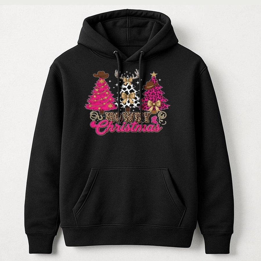 Howdy Christmas Hoodie | Western Cowgirl Pink Leopard Print | Premium Cotton Blend | Cute Country Holiday Gift for Women