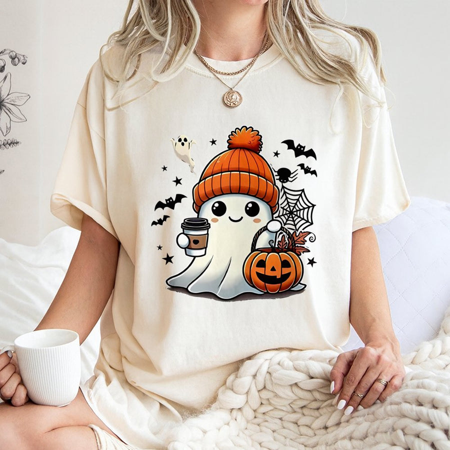 Cute Ghost T-Shirt | Kawaii Halloween Coffee Graphic | Premium Soft Cotton Tee | Spooky Season Gift For Her And Him