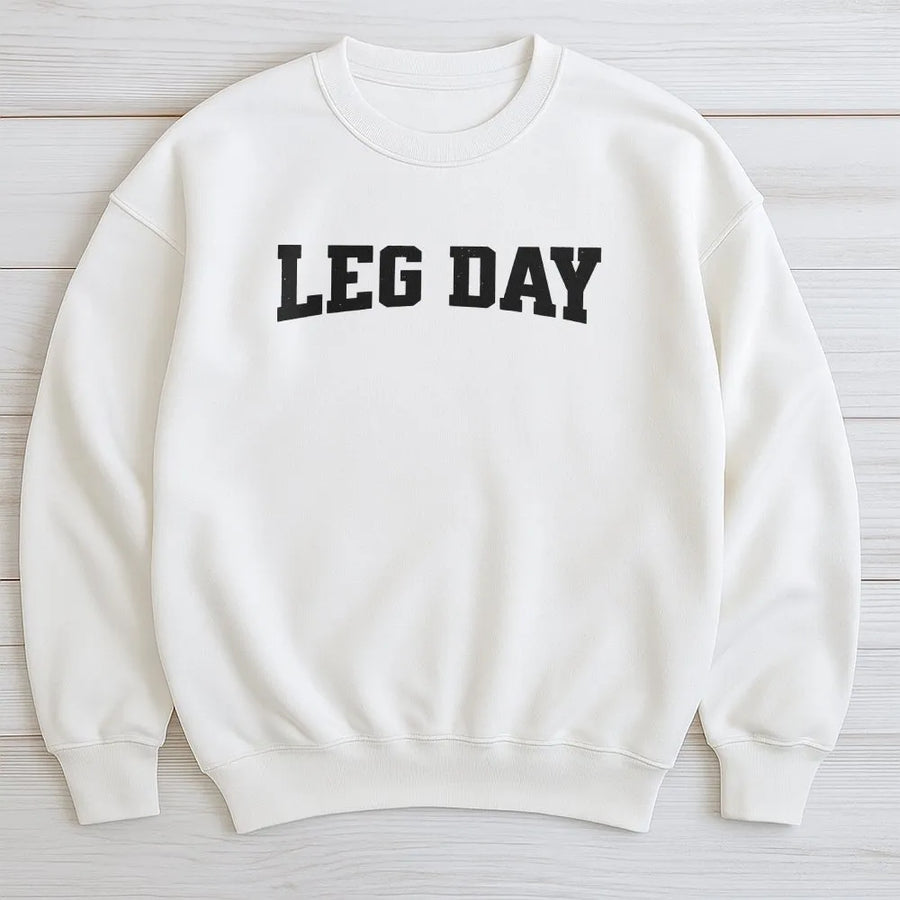 Leg Day Sweatshirt | Varsity Lettering Gym Graphic | Premium Cotton Blend Crewneck | Workout Apparel Gift for Bodybuilder Men and Women