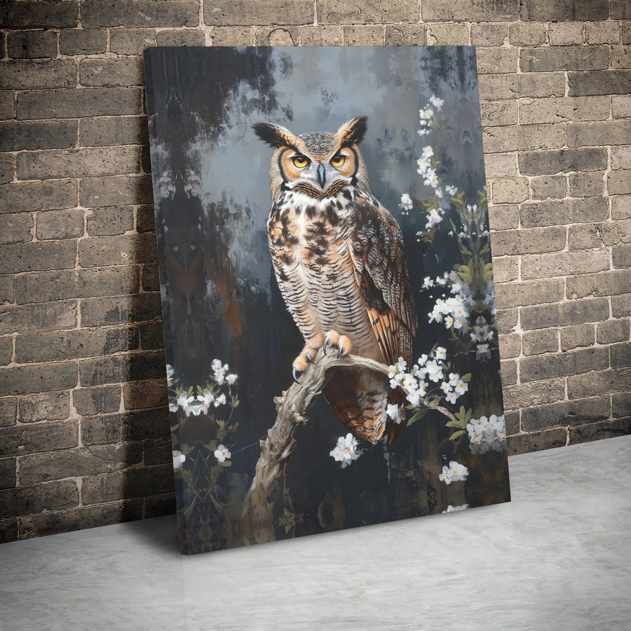 Great Horned Owl Canvas Wall Art | Moody Forest Wildlife Painting | Premium Gallery Wrap Print | Nature Lover Home Decor Gift
