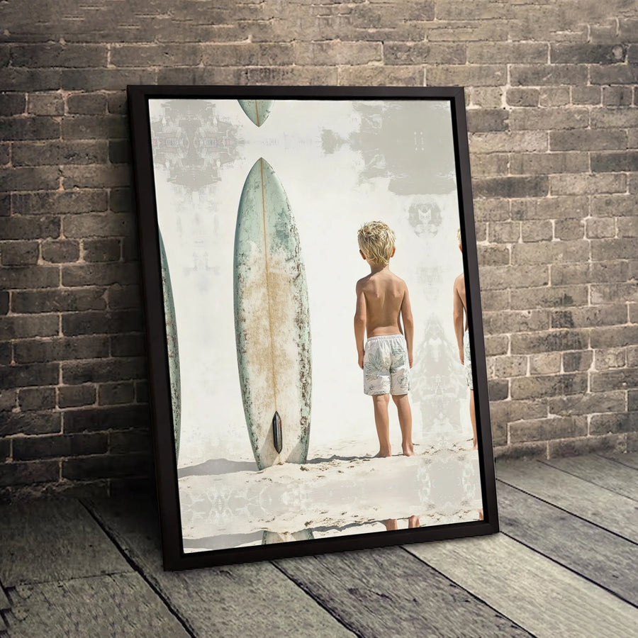 Beach Surfboard Wall Art | Minimalist Young Boy Surfer Portrait | Gallery Quality 1.25" Framed Canvas | Coastal Home Decor Nursery Gift