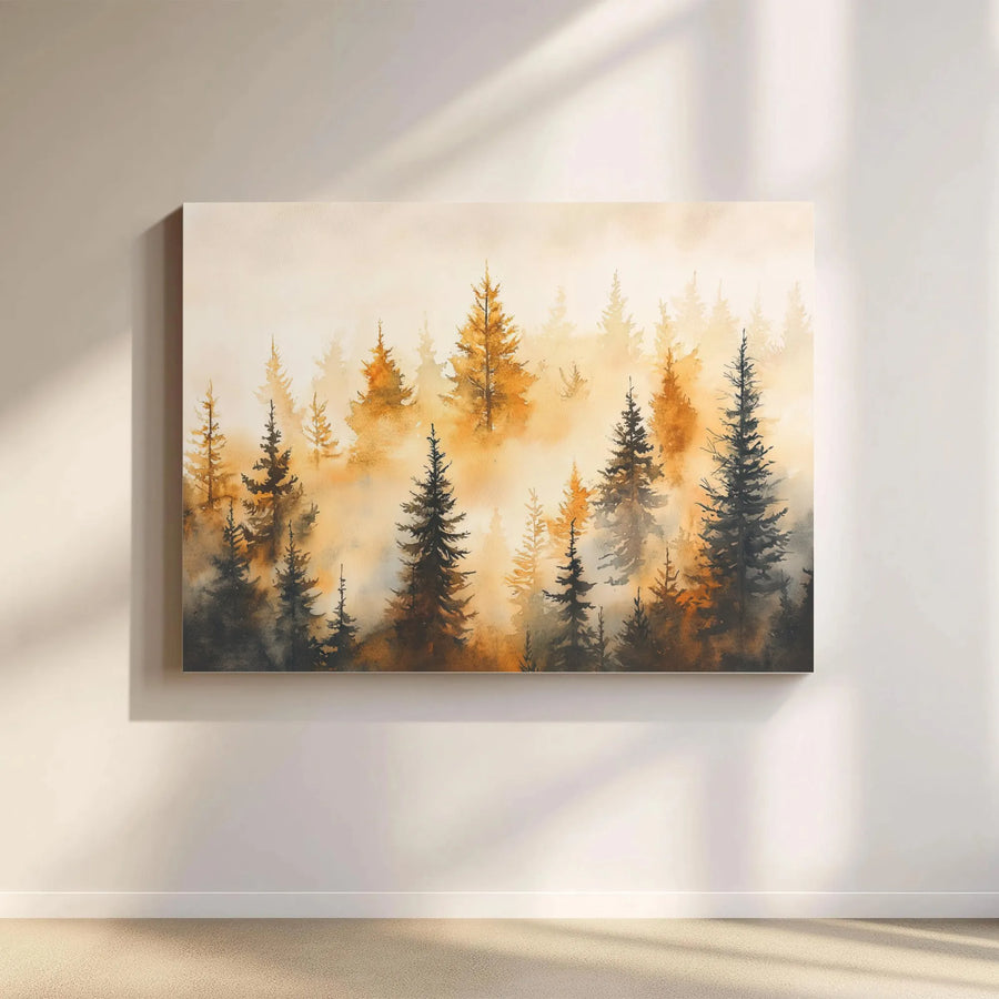 Misty Pine Forest Canvas Art | Watercolor Orange and Gray Landscape | Premium Gallery-Wrap Wall Decor | Nature Inspired Gift for Home Office