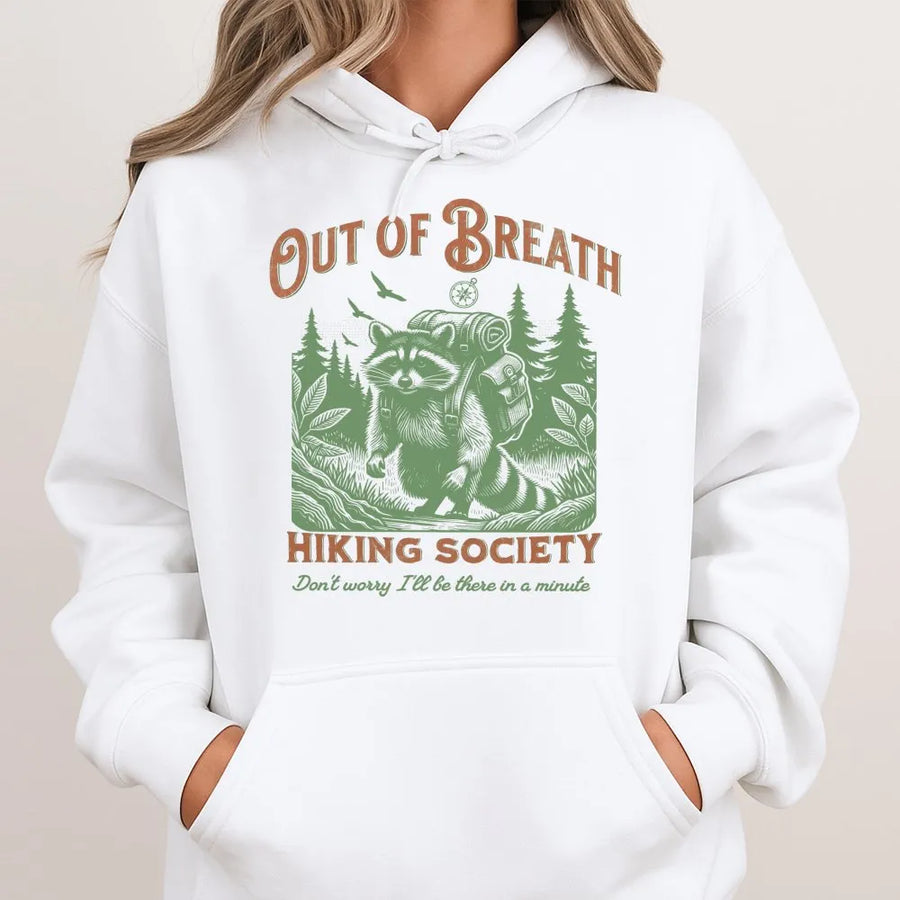 Out of Breath Hiking Society Hoodie | Vintage Raccoon Graphic | Soft Fleece Pullover | Gift for Hiker and Outdoor Lover