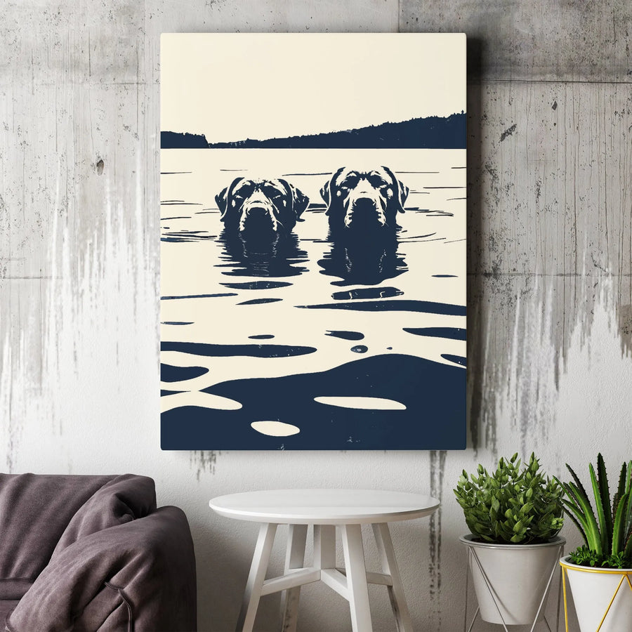 Labrador Retriever Wall Art | Minimalist Lake Swimming Dogs Print | Premium Gallery Wrapped Canvas | Modern Home Decor Gift for Dog Lovers