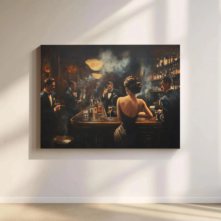 Vintage Speakeasy Bar Canvas Art | Noir Nightlife Oil Painting Style | Premium 1.25" Gallery Wrap | Sophisticated Home Decor Gift for Him