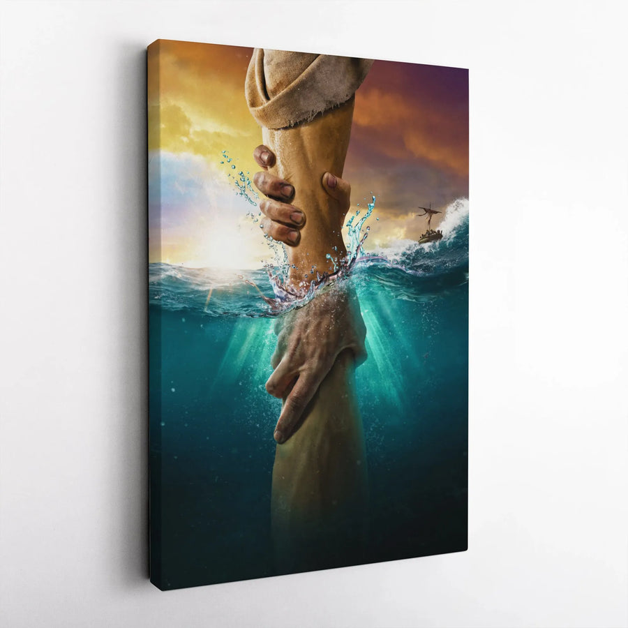 Jesus Saving Peter Canvas Print | Religious Sea Rescue Wall Art | 1.25-Inch Gallery Wrapped Canvas | Inspiring Christian Home Decor Gift