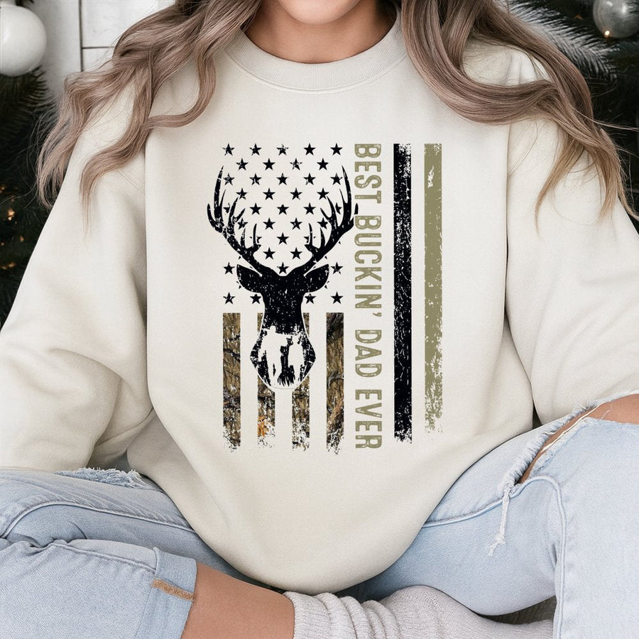 Best Buckin Dad Ever Sweatshirt | Deer Antler American Flag Camo Graphic | Premium Cotton Blend | Funny Hunting Gift for Men & Outdoorsman