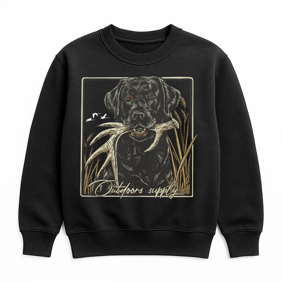 Black Lab Sweatshirt | Hunting Dog Deer Antler Graphic | Premium Cotton Blend Crewneck | Gift for Hunters Outdoorsmen Nature Lovers