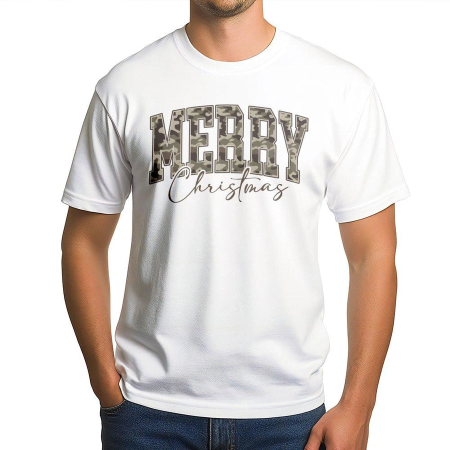 Merry Christmas Camo T-Shirt | Varsity Letter Design | Premium Soft Cotton | Holiday Gift for Outdoorsy Women and Men