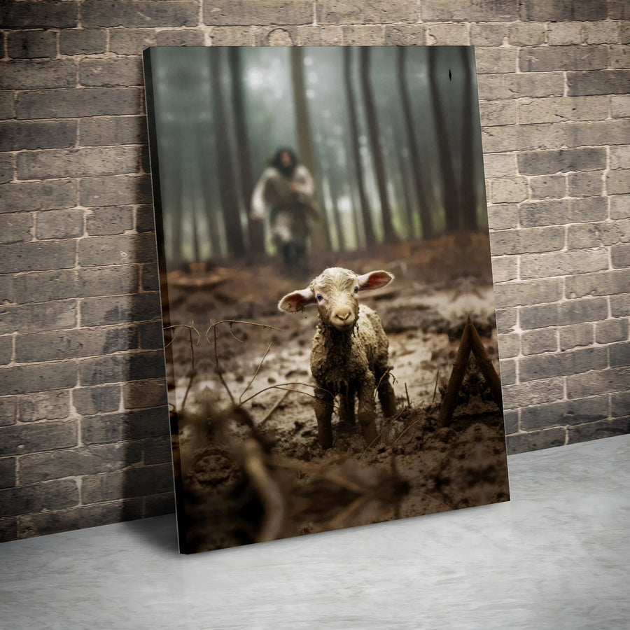 The Lost Sheep Canvas Wall Art | Jesus Finding Lamb in Forest | Premium Gallery Wrapped Canvas | Christian Home Decor Inspirational Gift