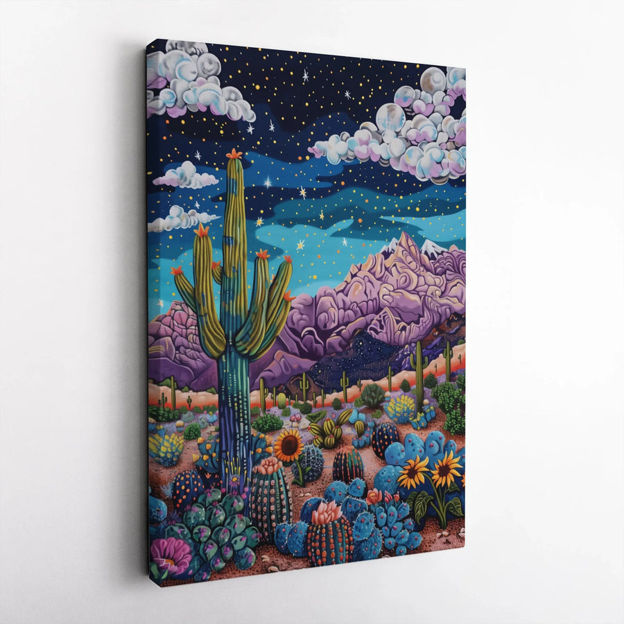 Psychedelic Desert Landscape Canvas | Starry Night Cactus Wall Art | Premium Fade-Resistant Print | Bohemian Home Decor Gift