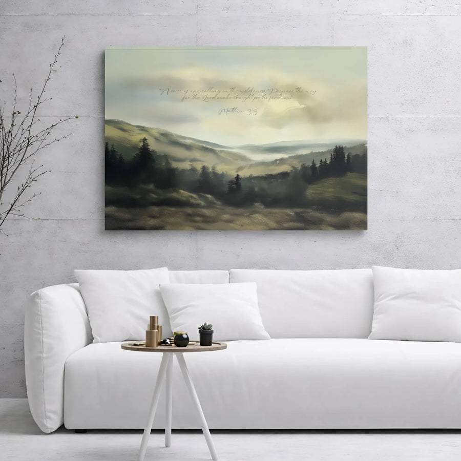 Matthew 3:3 Bible Verse Wall Art | Misty Landscape Forest Canvas | Premium Gallery Wrap Decor | Christian Gift for Home or Office