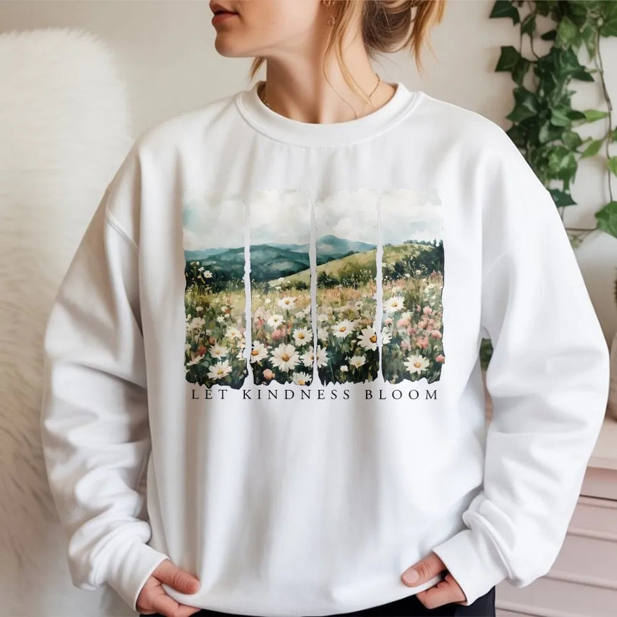 Let Kindness Bloom Sweatshirt | Watercolor Wildflower Meadow Graphic | Soft 100% Cotton Tee | Inspirational Gift, Positive Message Shirt