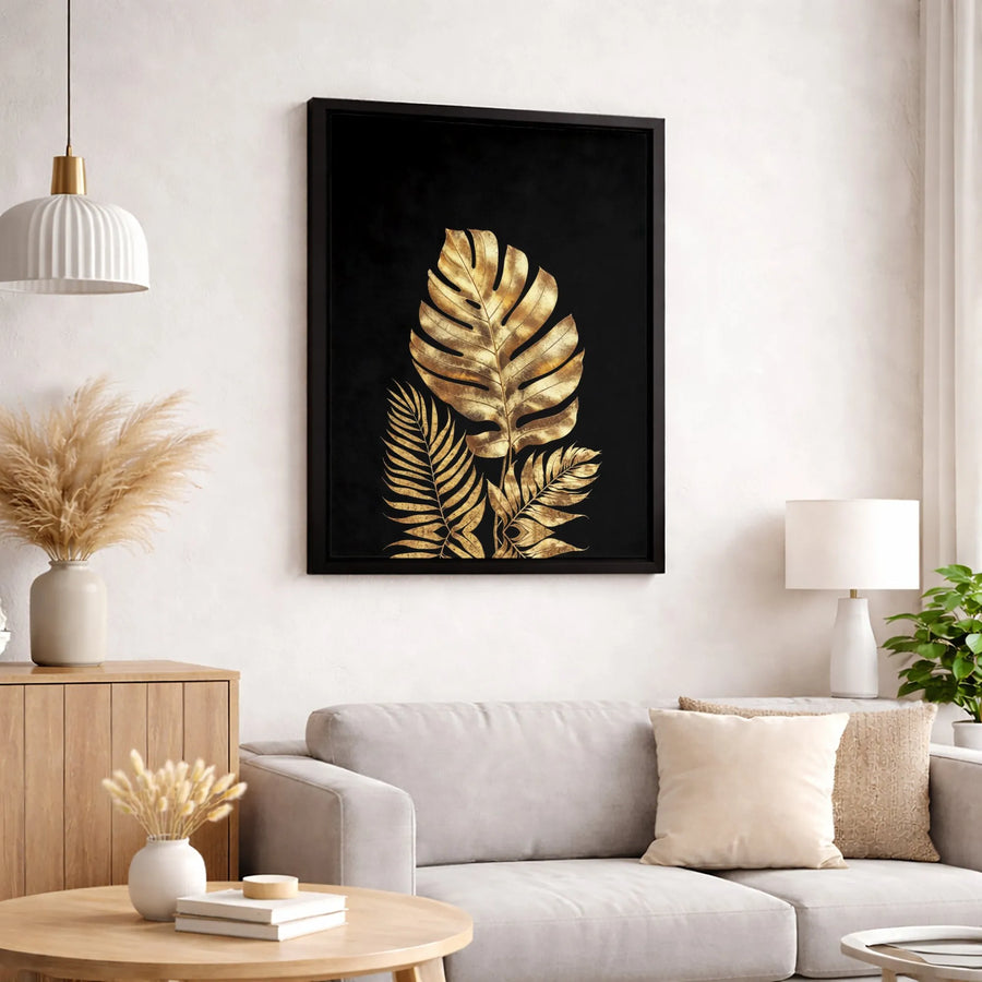 Gold Monstera Palm Leaf Canvas Art | Tropical Botanical Black Wall Decor | Premium Modern Gallery Wrap | Luxurious Living Room Home Gift