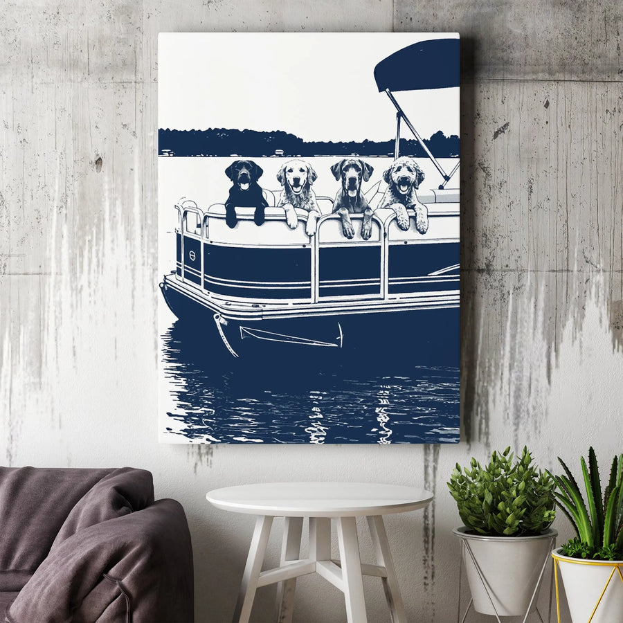 Dogs on Pontoon Boat Canvas Art | Minimalist Two-Tone Pet Illustration | Premium Gallery Wrapped Canvas | Gift for Dog Dad & Lake House Decor