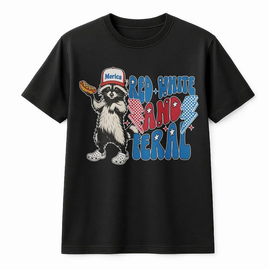 Red White and Feral T-Shirt | Funny Patriotic Raccoon Graphic | Premium Cotton Blend | 4th of July Independence Day Gift