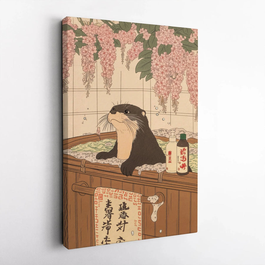 Ukiyo-E Otter In Bathtub Canvas | Japanese Wisteria Art Print | 1.25-Inch Premium Gallery Wrap | Unique Animal Bathroom Wall Decor Gift