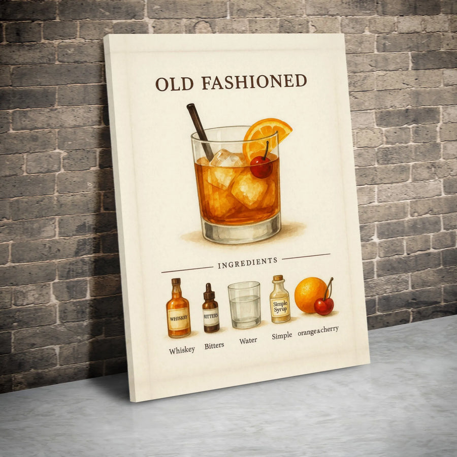 Old Fashioned Cocktail Recipe Canvas | Vintage Whiskey Bar Wall Art | Premium Gallery Canvas | Man Cave Decor Gift for Whiskey Lover