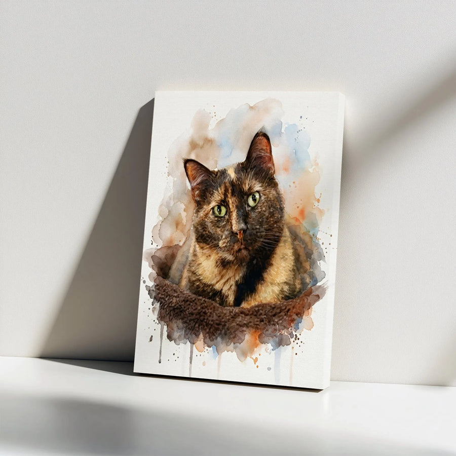 Tortoiseshell Cat Wall Art | Watercolor Animal Portrait | Premium Gallery-Wrapped Canvas | Gift for Cat Lovers & Pet Owners