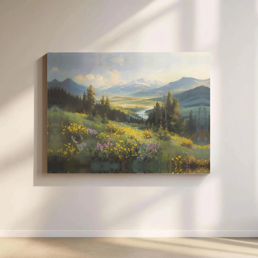 Mountain Landscape Wall Art | Wildflower Meadow Painting Print | Premium Canvas Print | Rustic Living Room Decor Gift