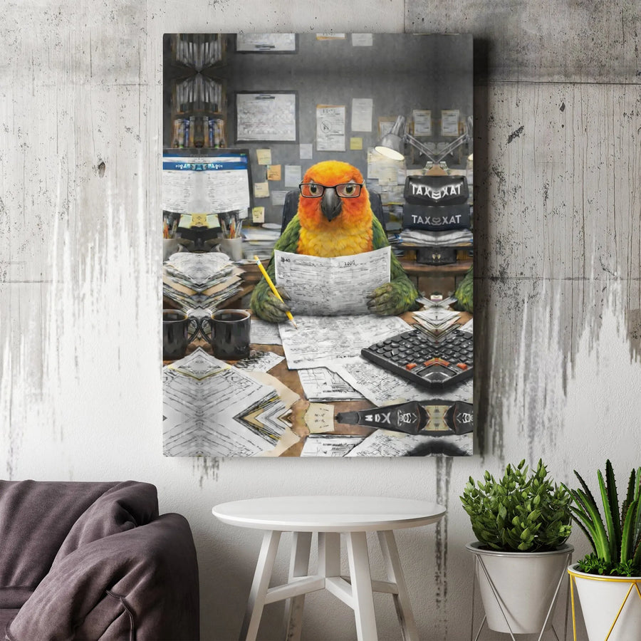 Funny Parrot Accountant Canvas Wall Art | Humorous Bird Doing Taxes Office Decor | Premium Framed Canvas | Gift for Accountant CPA