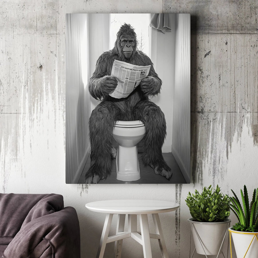 Bigfoot Bathroom Wall Art | Funny Sasquatch Reading Newspaper | Premium Gallery Wrap Canvas | Unique Gag Gift for Men