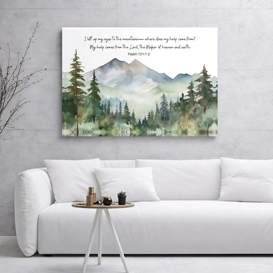 Psalm 121:1-2 Mountain Canvas Art | Watercolor Forest Landscape Print | Premium Gallery Wrap Wall Decor | Christian Home Gift for Believers