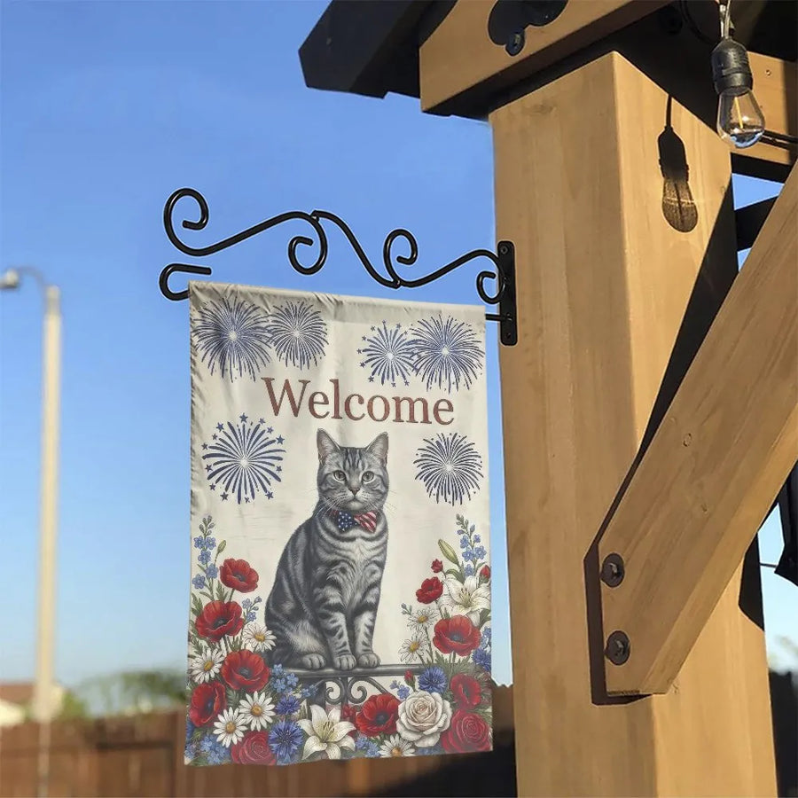 Patriotic Cat Garden Flag | Tabby Cat Welcome Sign with Fireworks | Double-Sided Polyester | 4th of July Yard Decor Gift for Cat Lover