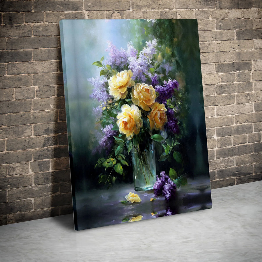 Yellow Rose and Lilac Still Life Canvas | Floral Oil Painting Print | Gallery Quality 1.25” Thick | Elegant Botanical Wall Art for Home Decor